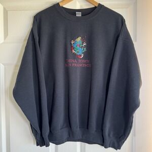 Vintage Gildan Chinatown Dragon San Francisco Black L/S Pullover Sweater Size XL